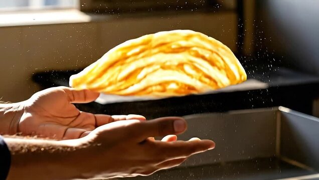 A person's hands hold a warm, light-yellow flatbread as flour dusts fall over it, light shining