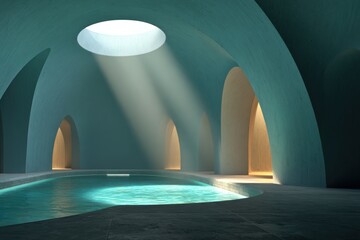 Serene Indoor Pool With Architectural Arches And Natural Sunlight Shafts Creating Tranquil Ambiance