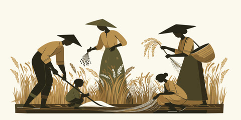 Harvesting Rice A depiction of farmers in a field, carefully gathering the grain during the harvest season © Pasko