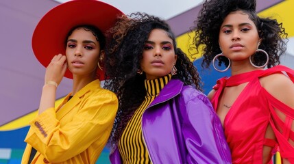 Fototapeta premium Three Stylish Women Showcase Vibrant Fashion with Bold Colors and Unique Hairstyles against a Colorful Background