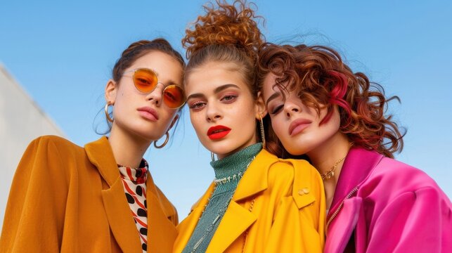Fashionable young women in colorful outfits pose outdoors against a bright blue sky, showcasing modern style and beauty trends