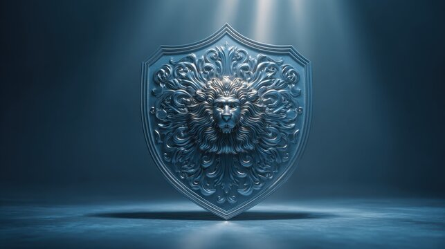 Ornate Silver Lion Shield with Intricate Filigree and Dramatic Spotlight on Textured Floor