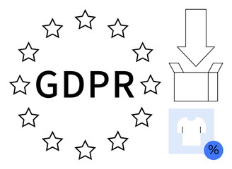 GDPR text encircled by stars, open box with downward arrow, shirt with discount tag. Ideal for data privacy, security, regulation, e-commerce, transparency, customer trust and simple flat metaphor