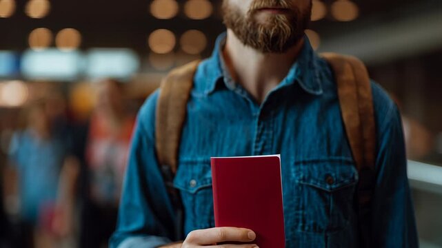 A traveler holding a red passport in a busy airport setting.