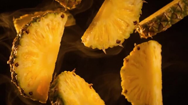 fresh pineapple slices dramatically floating through smoky air against a dark background showcasing tropical fruit and healthy eating concepts