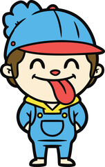 Obraz premium Cartoon illustration of a mischievous child in overalls and a baseball cap, happily sticking out their tongue.