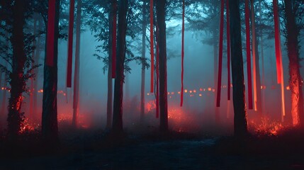 Naklejka premium Atmospheric forest with red ribbons and fog background photography for wallpaper art