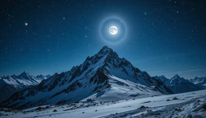  Stars twinkling above a snowy mountain under a full moon
