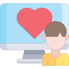 Person Standing Near Computer Screen Displaying A Red Heart Symbol With Light Blue Background And Gray Computer Base Detailed Vector Art