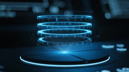 Abstract futuristic blue glowing rings levitating above a circular platform, evoking a sense of advanced technology and digital innovation - Powered by Adobe