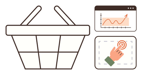 Shopping basket with rising analytics chart and clickable interface. Ideal for e-commerce, analytics, digital marketing, consumer behavior, online purchasing trends, engagement, simple flat metaphor