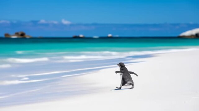 A lone penguin waddling on a pristine white sand beach towards the turquoise ocean under a clear blue sky.