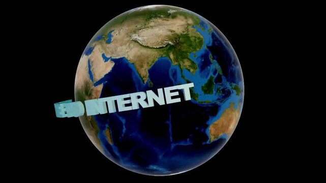 A 3D rendering of planet Earth with the word "INTERNET" superimposed across it.