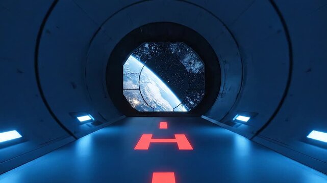 Future space station corridor with Earth visible through a window, offering a glimpse of humanity's expansion into the cosmos