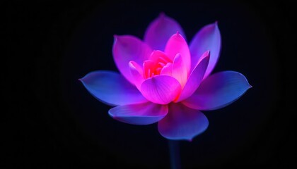 Close up of a vibrant lotus flower with pink and blue petals against a dark background in soft focus