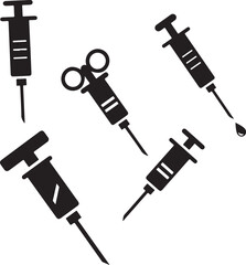 Medical Syringes: An artistic display of black syringes, essential medical tools, arranged in a dynamic composition, conveying themes of healthcare, treatment, and medical progress.
