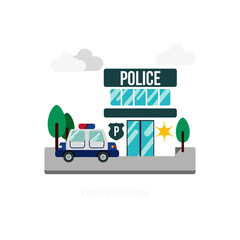 Police Station Building With Patrol Car Outside During The Day With Trees And Clouds In A Flat Design Style © givandhikabintang