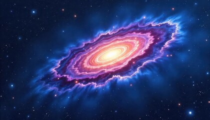 A vibrant galaxy with swirling purple and blue nebulae against a starry dark blue background