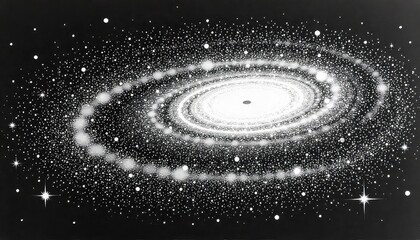A monochrome depiction of a spiral galaxy with bright stars and a central black hole region visible