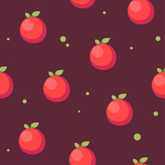 Pixel Art Seamless Pattern of Red Tomatoes with Green Leaves and Small Green Dots on a Deep Red Background Healthy Food Concept