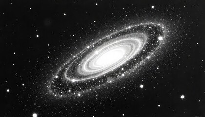 A grayscale image depicting a spiral galaxy with bright stars and a dark space background view from space