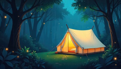 Illuminated tent nestled in a dark forest with glowing lights and a serene camping atmosphere