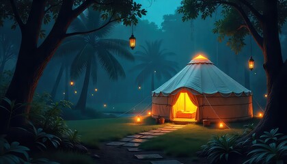 A yurt illuminated at night in a forest with hanging lanterns and a stone path leading to it