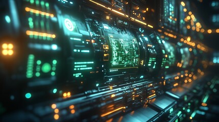 Fototapeta premium Futuristic Smart Manufacturing Production Line with Glowing Robot Arms and Holographic Data