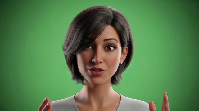 Animated Woman Explains with Hand Gestures on Green Screen - Engaging Presentation.