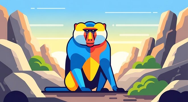 Colorful Baboon with African Savanna.