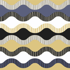 Abstract seamless pattern featuring horizontal bands of wavy, undulating stripes in a soft, muted, and earthy color palette filled with hand-drawn vertical lines, creating a woven or rustic look