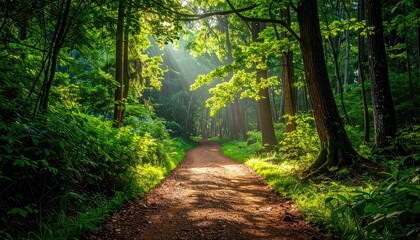 Fototapeta premium Sunlit Forest Path: Lush Green Canopy and Dirt Trail