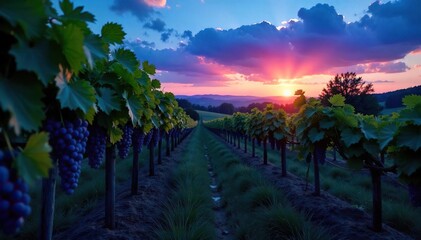 Serene Vineyard Twilight Grapes Hanging Heavy, Ready for Harvest.  Deep Blue Dusk Hues Bathe Peaceful Vines in Soft Light, Creating a Breathtaking Scene.