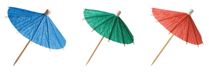 Colorful Red, Green, and Blue Paper Cocktail Umbrella Picks Set, Decorative Tropical Drink Garnish for Parties, Isolated on Transparent and White Background