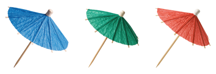 Colorful Red, Green, and Blue Paper Cocktail Umbrella Picks Set, Decorative Tropical Drink Garnish for Parties, Isolated on Transparent and White Background