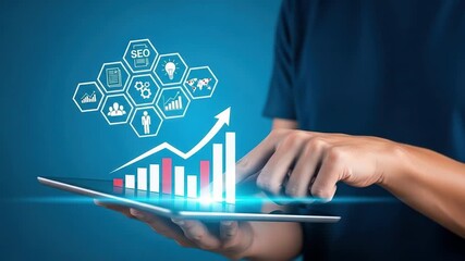 Person interacting with a digital tablet displaying a rising financial graph and interconnected data icons Success and growth are visually communicated - Powered by Adobe