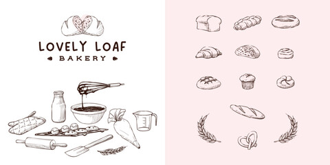 Bakery loaf logo design with set of hand drawn vintage illustration of baking utensils and variation of bread items for label, store front, package, wrap, media content, print, and poster element