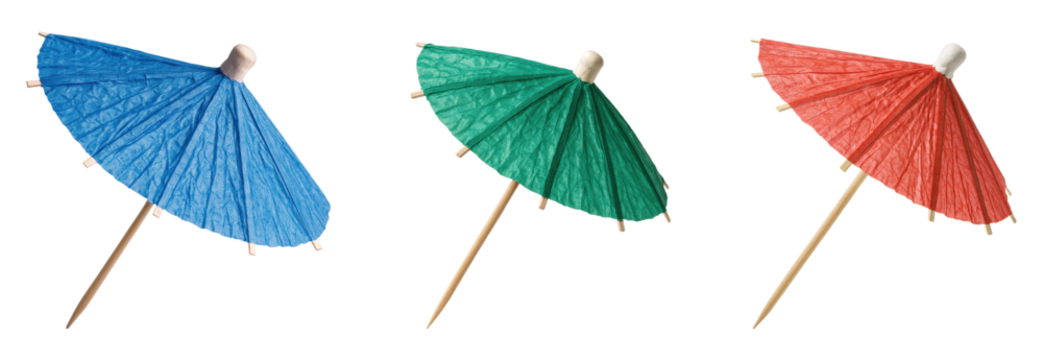 Colorful Red, Green, and Blue Paper Cocktail Umbrella Picks Set, Decorative Tropical Drink Garnish for Parties, Isolated on Transparent and White Background - Powered by Adobe