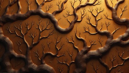 A detailed relief sculpture featuring intertwined tree branches on a textured gold background