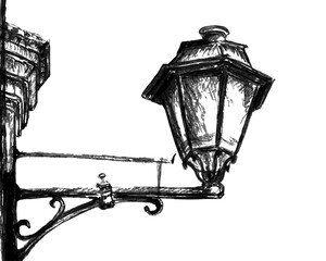 Hand Drawn Vintage Street Lamp Sketch. Artistic street lamp sketch with rough hand-drawn lines and detailed retro lantern design in black and white	
