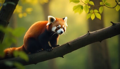 A red panda perched on a tree branch in a forest with sunlight filtering through the leaves above it