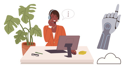 Agent using headset at desk, interacting with screen. Robotic AI hand, cloud, and plant nearby. Ideal for technology, AI support, communication, customer service innovation collaboration business