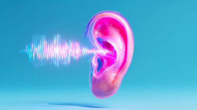 Human ear processing sound wave information. Hearing impairment, deafness visualization. Audio perception and loss concept footage.