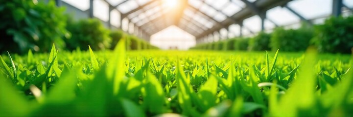 Vibrant Green Greenhouse Sunlit Lush Grass Thriving in a Modern Setting. Ideal for Agricultural, Environmental, and Gardening Stock Photos.