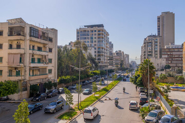 Beirut busy street, Lebanon avenue, showing social infrastructure and dense daily traffic in Middle...