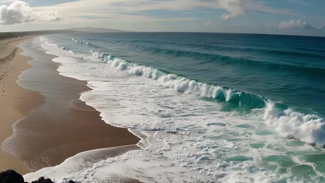 An epic and dramatic aerial video sequence revealing the immense dynamic energy of the ocean sea  where powerful waves crash forcefully against the coastline  creating a striking visual contrast