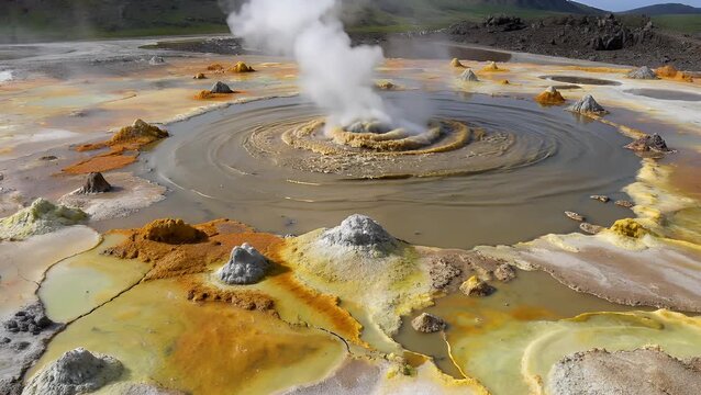 A top-down aerial perspective of a geothermal area known for its smoking fumaroles and actively boiling mud pots  where the landscape is characterized by vivid yellow sulphur crystal formations 
