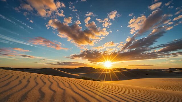 Illumination in an Arid Region with Solar Rays and Attractive Cumulus Formations on an Azure Firmament Above Undulating Golden Sandy