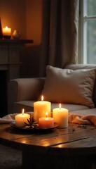Warm Candlelight Illuminates Cozy Living Room, Creating a Relaxing and Hygge-Inspired Atmosphere Perfect for Home Decor Inspiration