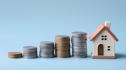 A small figure of house and coins representing financial stability and home ownership savings concept